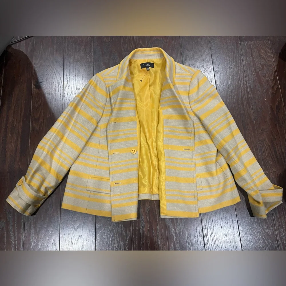 Talbots Women Career Striped Buttoned Blazer Mustard Taupe Size 16 Petite NEW